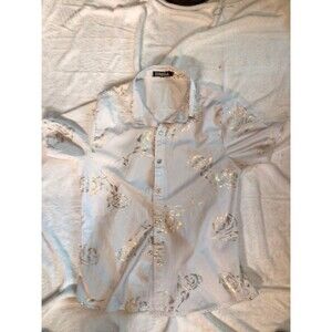Zeroyaa Mens Small Short Sleeve Button Up White Shiny Gold Paisley Shirt